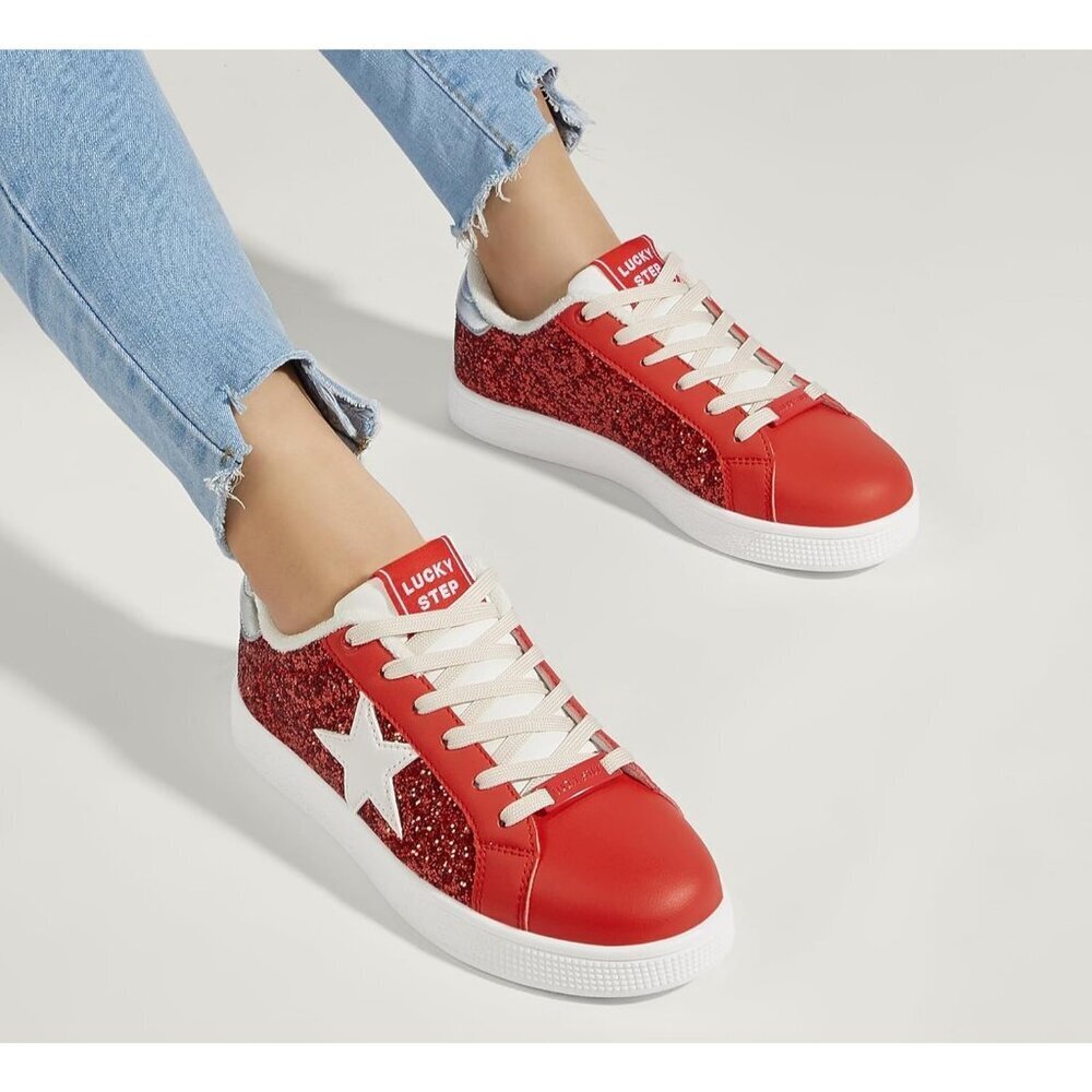 Women's Red Fashion Star Sneaker Lace Up Low Top Comfortable Cushioned Shoes - Picture 7 of 9